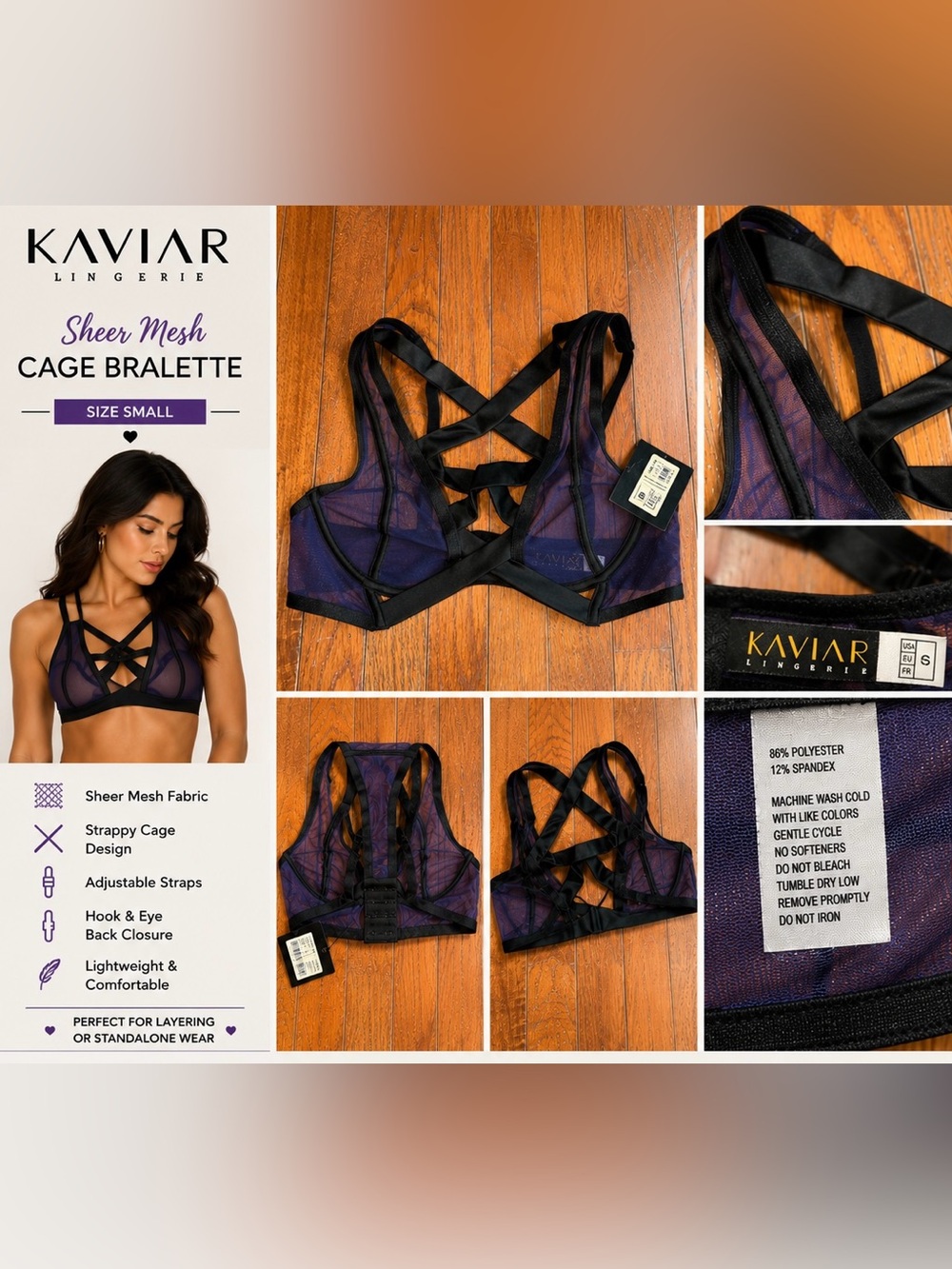 KAVIAR Lingerie Sheer Mesh Cage Bralette Purple Black Size Small NWT